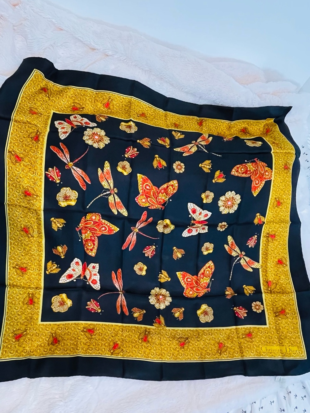 Authentic Dior Vintage  Black & Gold Butterfly Scarf
